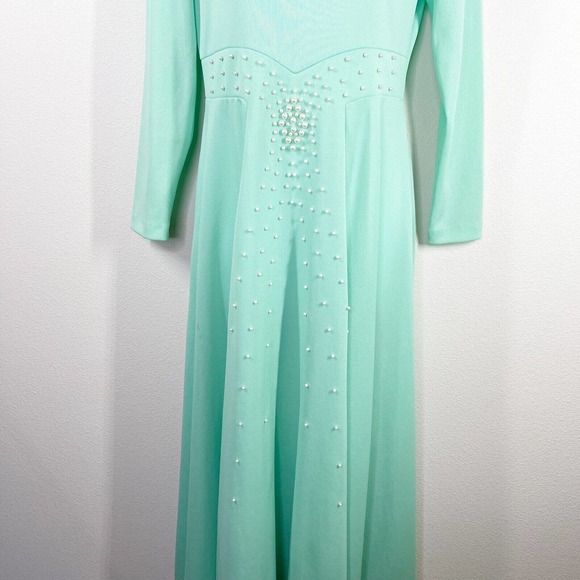 Vintage Mod Pearls Formal Maxi Dress Sz 12 Green Mock Neck Long Sleeve Back Zip - Picture 6 of 8